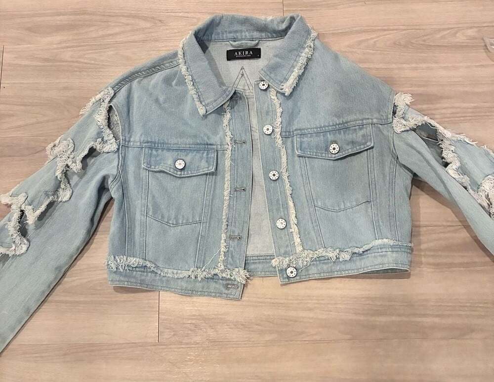 AKIRA Cut Out Ripped Crop Denim Jacket with Star Back S